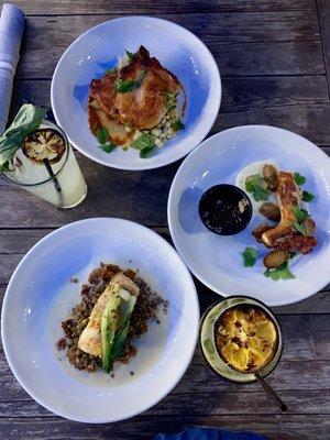 Top to Bottom: Wood Fired BBQ Pork Chop Fire Roasted Octopus Cast Iron Local Fish