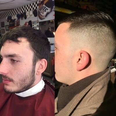 Razor fade into finger length on the top with a full face hot towel shave.