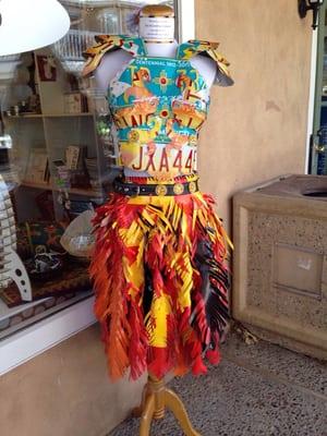 Awesome armored top made of license plates, skirt upcycled from a billboard