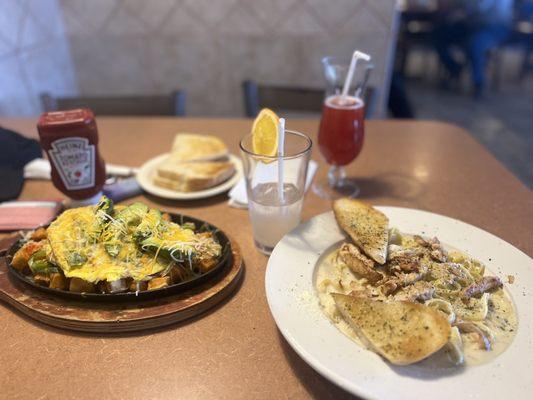 Spinach omelette and chicken Alfredo