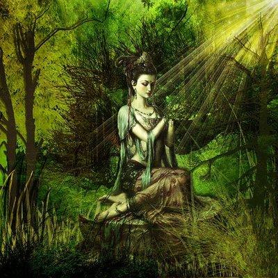 this is a modern rendering of Tara a female Buddha who develops qualities of health, long life compassion and protection