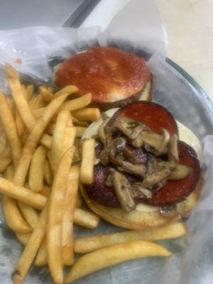 Pepperoni mushroom pizza burger, the one and only check it out