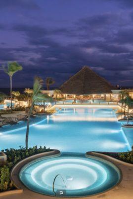 Moon Palace in Cancun, Mexico: pool and grounds beautifully lit at night.