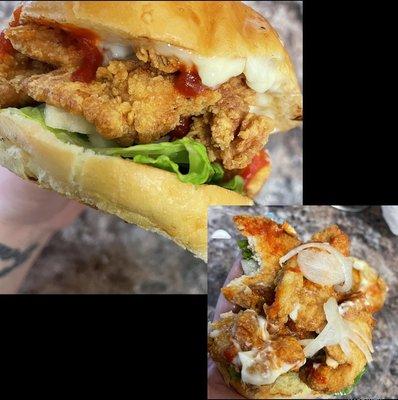 Spicy Chicken Sandwich BOMB.COM had L,O, Mayo, spicy  sauce & awesome fried chicken pieces. Great food every time!