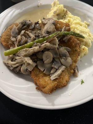 Pork Loin Schnitzel with mushrooms & asparagus & mashed potatoes!!!