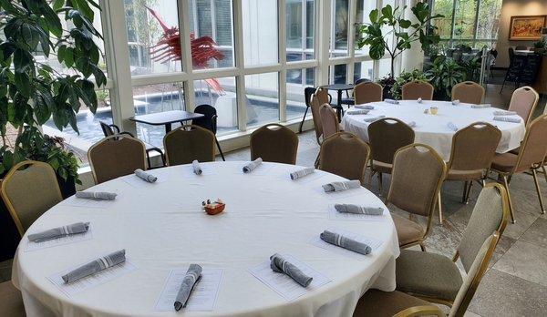 The Garden's Visitors Center all dressed up for a catered luncheon with a serene view of the Water Garden