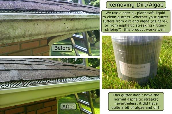 Gutter-cleaning. Whether your gutter has dirt (as here) or "tiger stripes" (black, asphaltic streaks), we can clean it!