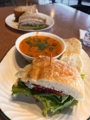 Combo soup and sandwich  Spicy Thai chicken soup and Turkey cranberry sando