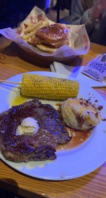 Ribeye, loaded mashed potatoes, corn , Big Mouth Crispy Chicken Sandwich