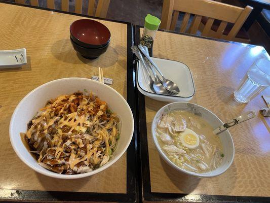 chicken rice bowl and chicken ramen