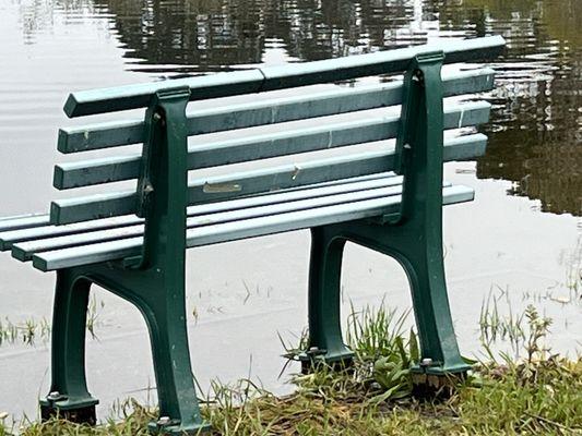 Bench by duck pond (water from duck pond has risen, but typically it's a great place to sit and rest)