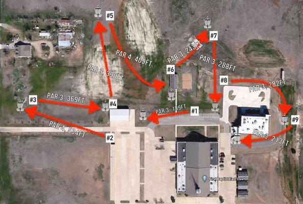 Disc Golf course layout at First Baptist East in Lawton, Ok.