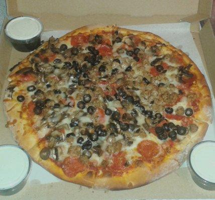 pepperoni, sausage, black olives & mushrooms