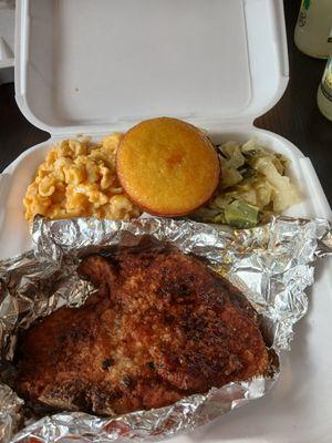 Fried porkchop dinner w/mac&cheese, cabbage, and cornbread...as good as you would make at home but you didn't feel like it!