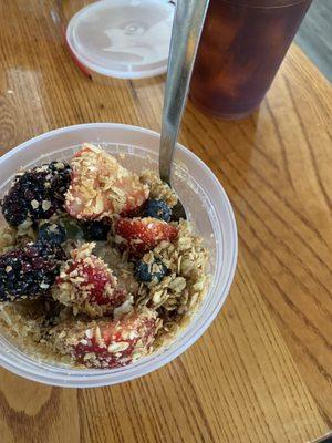 Granola bowl and an iced coffee