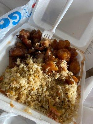 Bourban Chicken and Orange Chicken with fried rice! Very good.