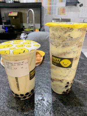 Jasmin green milk tea with boba and Oreo cream puff with boba