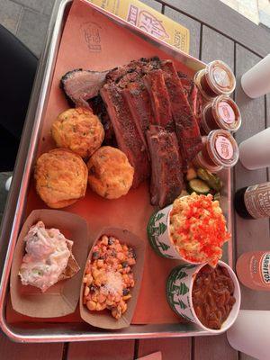 Ribs, Meaty Beans, Mac N Cheese, Brisket, Tri Tip and some Amazing Sauces.... Pickles and Sausage are Must Haves!