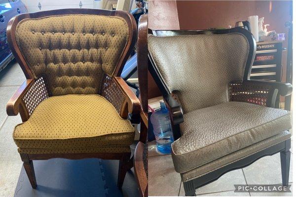 Before and after arm chair - requested to remove the tufting and we chose our own material