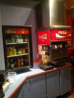 Drink area. Bottled beverages and fountain drinks