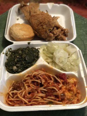 Whole fried catfish, turnip and cabbage greens, spaghetti with cheese and cornbread. Unsweetened tea not shown.