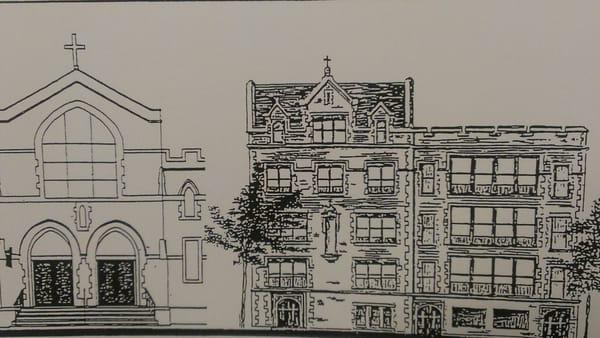 Drawing of St. Mark the Evangelist Catholic church and school