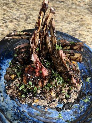 Pan seared Lamb Chops, Mint Balsamic Glaze, over Mexican Quinoa