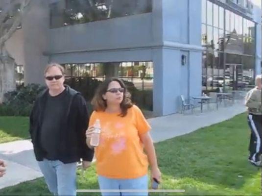 Patty Baber in front of the LA Scientology building