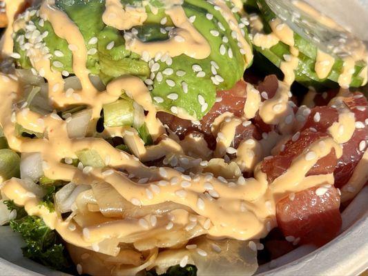 Poke bowl with ahi tuna and extra avocado