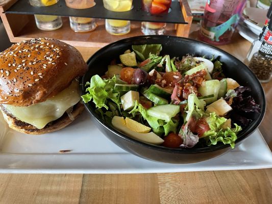 Classic burger and greek salad