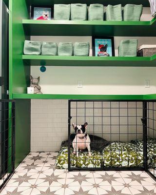 Custom mudroom with dog kennel underneath counter