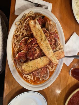 Red linguini with clams. Very filling.