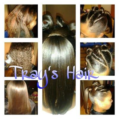 Before to After.
Washed, blow dried, pressed and styled with 3D twist and standing pin curls into a ponytail. 
By: Tray