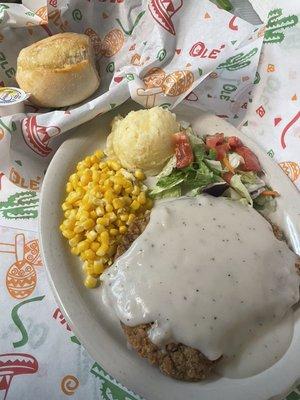 Chicken Fried Steak Special on Mondays served with homemade mashed potatoes and choice of corn or green beans or even both if you wish!