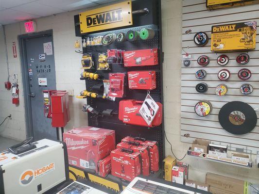 Milwaukee and Dewalt tools.