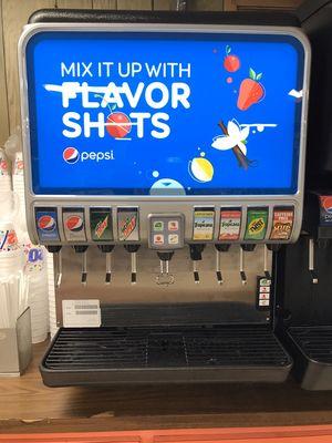 16 different Fountain Drinks to choose from Plus Flavor Shots!