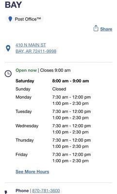 hours of operation for Bay, Arkansas post office