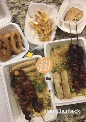 Pansit, bbq & lumpia plate, calamari rings, caramel bar, crab rangoons