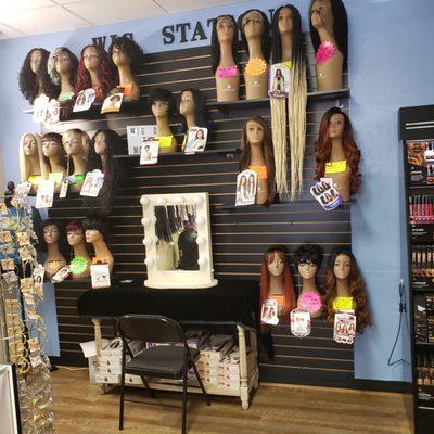 Wig Station. Try on your wigs in peace. Lighted mirror.  Sit and relax while finding your perfect wig.