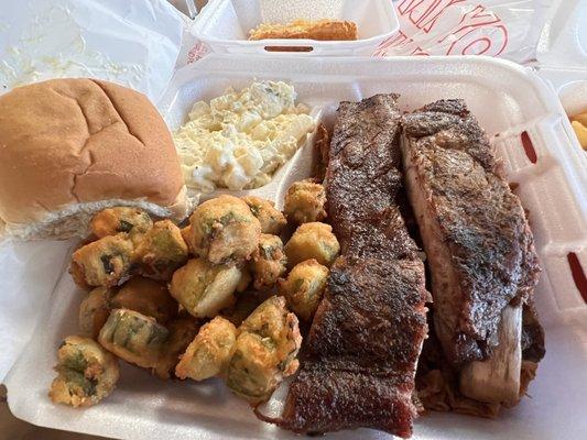 Combination Plate (Ribs served on a bed of Pulled Pork), w/ Fried Okra and Potato Salad