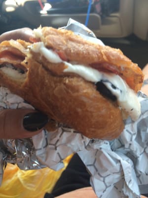 MTO croissant breakfast sandwich with extra bacon, a fried egg, and pepper jack cheese