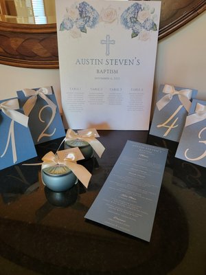 Seating board, table number, favors, menu