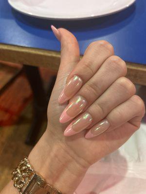 Nude base with pink French tips and chrome 3