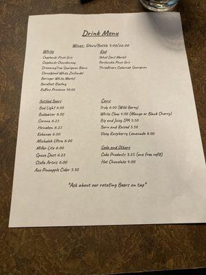 Drink menu