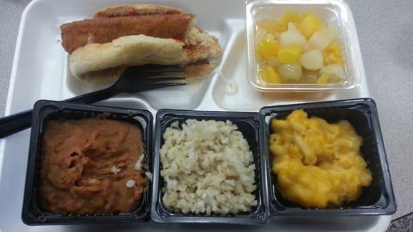 Townview Magnet HS : DISD LUNCH Not bad for $3: Fish Stix on wheat bun; beans; lime rice; mac n cheese; but, canned fruit :-(