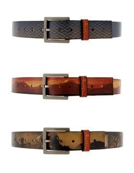 Three of the many graphical leather belts available at Jon Wye