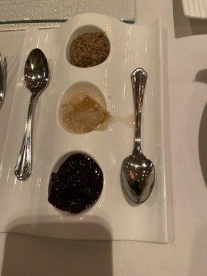 Charcuterie plate sauces (top to bottom--whole grain mustard, raw honeycomb, homemade berry jam)