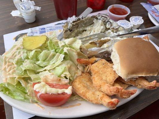 Shrimp with a bake potatoe Seafood Platter- Half order of shrimp and bake potatoe