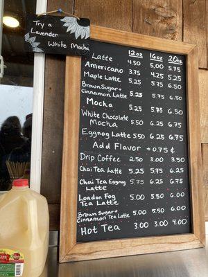 Coffee menu