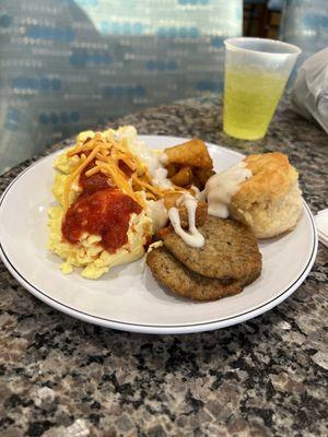 The free breakfast at the Drury inn  was awesome. Scrambled eggs, pan sausage, biscuits and gravy, and potatoes was good af.